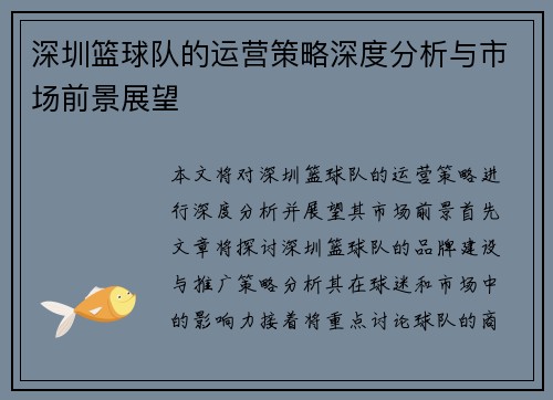 深圳篮球队的运营策略深度分析与市场前景展望